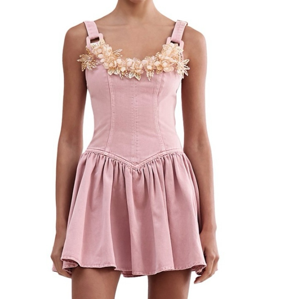 PatBO Pink Denim Mini Dress with Floral Accents🌸 - Picture 6 of 17